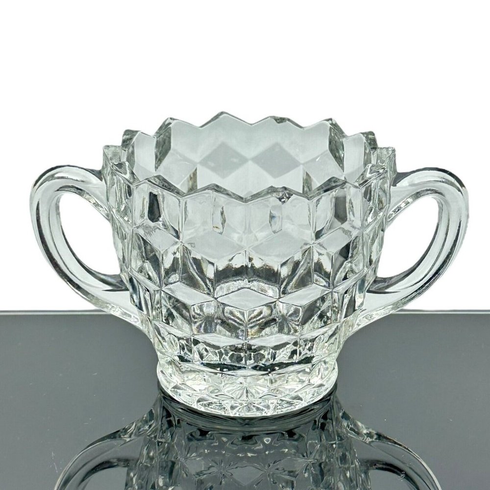 Colony Whitehall Clear Cubist Elegant Glass‎ Open Sugar Bowl Double Handle VTG